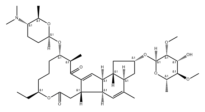 1H-as-Indaceno[3,2-d]oxacyclododecin-7,15-dione,2-[(6-deoxy-2,4-di-O-methyl-a-L-mannopyranosyl)oxy]-13-[[(2R,5S,6R)-5-(dimethylamino)tetrahydro-6-methyl-2H-pyran-2-yl]oxy]-9-ethyl-2,3,3a,5a,5b,6,9,10,11,12,13,14,16a,16b-tetradecahydro-4,14-dimethyl-,(2S,3aR,5aS,5bS,9S,13S,14R,16aS,16bS)- 구조식 이미지