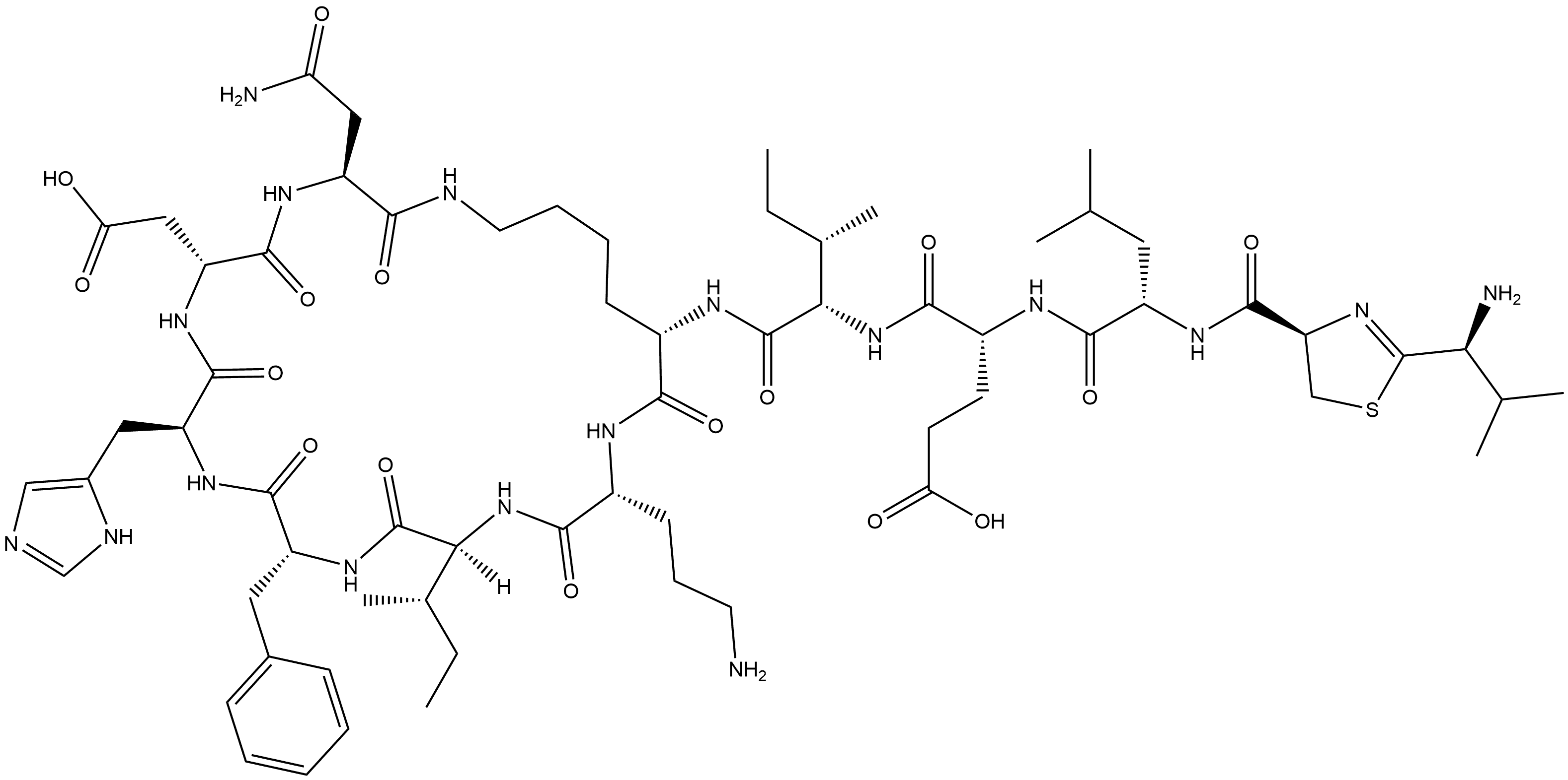 L-Asparagine, N-[[(4R)-2-[(1S)-1-amino-2-methylpropyl]-4,5-dihydro-4-thiazolyl]carbonyl]-L-leucyl-D-α-glutamyl-L-isoleucyl-L-lysyl-D-ornithyl-L-isoleucyl-D-phenylalanyl-L-histidyl-D-α-aspartyl-, (10→4)-lactam Structure