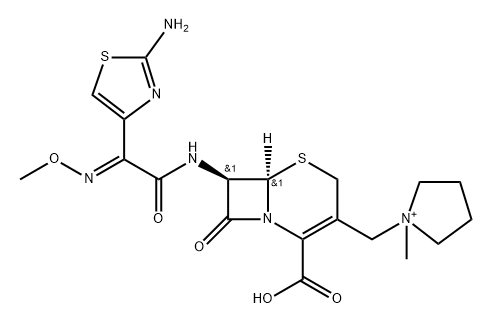 1-[[7-[[(2-Amino-4-thiazolyl)(methoxyimino)acetyl]amino]-2-carboxy-8-oxo-5-thia-1-azabicyclo[4.2.0]oct-2-en-3-yl]methyl]-1-methyl-Pyrrolidinium Structure