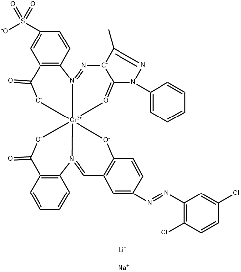 Chromate(2-), 2-5-(2,5-dichlorophenyl)azo-2-(hydroxy-.kappa.O)phenylmethyleneamino-.kappa.Nbenzoato(2-)-.kappa.O2-4,5-dihydro-3-methyl-5-(oxo-.kappa.O)-1-phenyl-1H-pyrazol-4-ylazo-.kappa.N1-5-sulfobenzoato(3-)-.kappa.O-, lithium sodium Structure