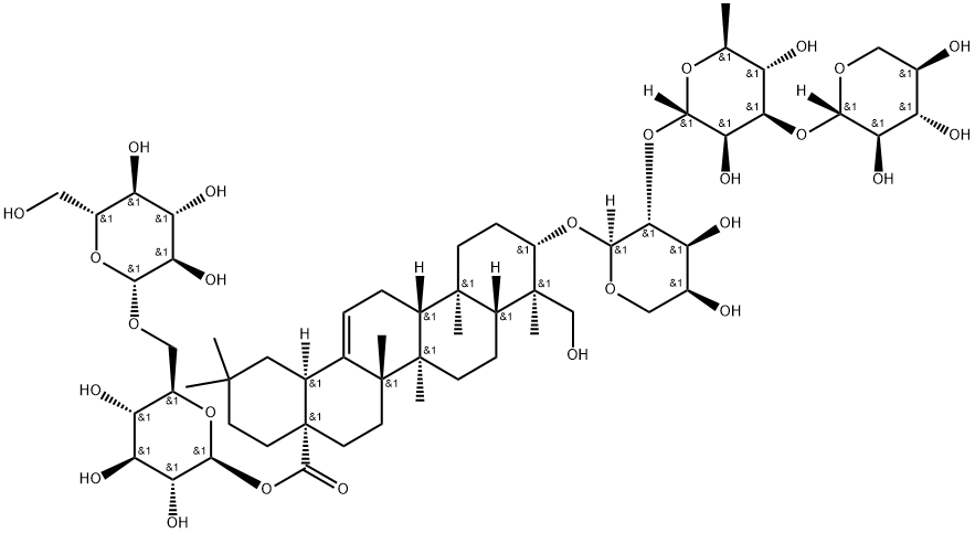 Olean-12-en-28-oic acid, 23-hydroxy-3-[(O-β-D-xylopyranosyl-(1→3)-O-6-deoxy-α-L-mannopyranosyl-(1→2)-α-L-arabinopyranosyl)oxy]-, 6-O-β-D-glucopyranosyl-β-D-glucopyranosyl ester, (3β,4α)- Structure