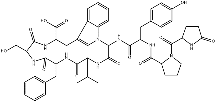 L-Tryptophan, L-valyl-L-phenylalanyl-L-seryl-1-[carboxy[(5-oxo-L-prolyl-L-prolyl-L-tyrosyl)amino]methyl]-, (4→1)-lactam 구조식 이미지