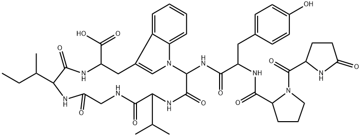 L-Tryptophan, L-valylglycyl-L-isoleucyl-1-[carboxy[(5-oxo-L-prolyl-L-prolyl-L-tyrosyl)amino]methyl]-, (4→1)-lactam Structure