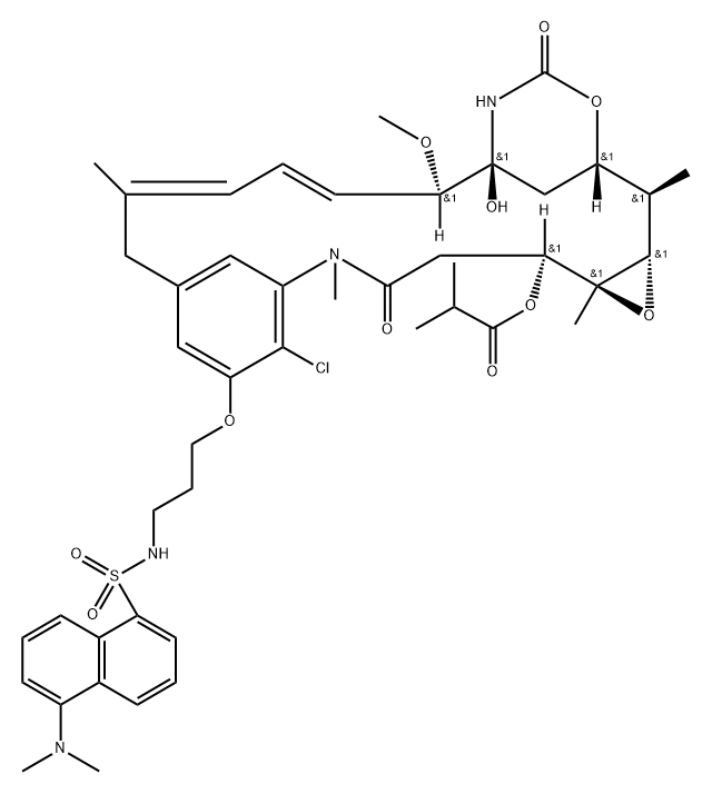 20-demethoxy-20-(3-(((5-dimethylamino)naphthalen-1-yl)sulfonyl)amino)propylmaytansinol-3-isobutyrate Structure