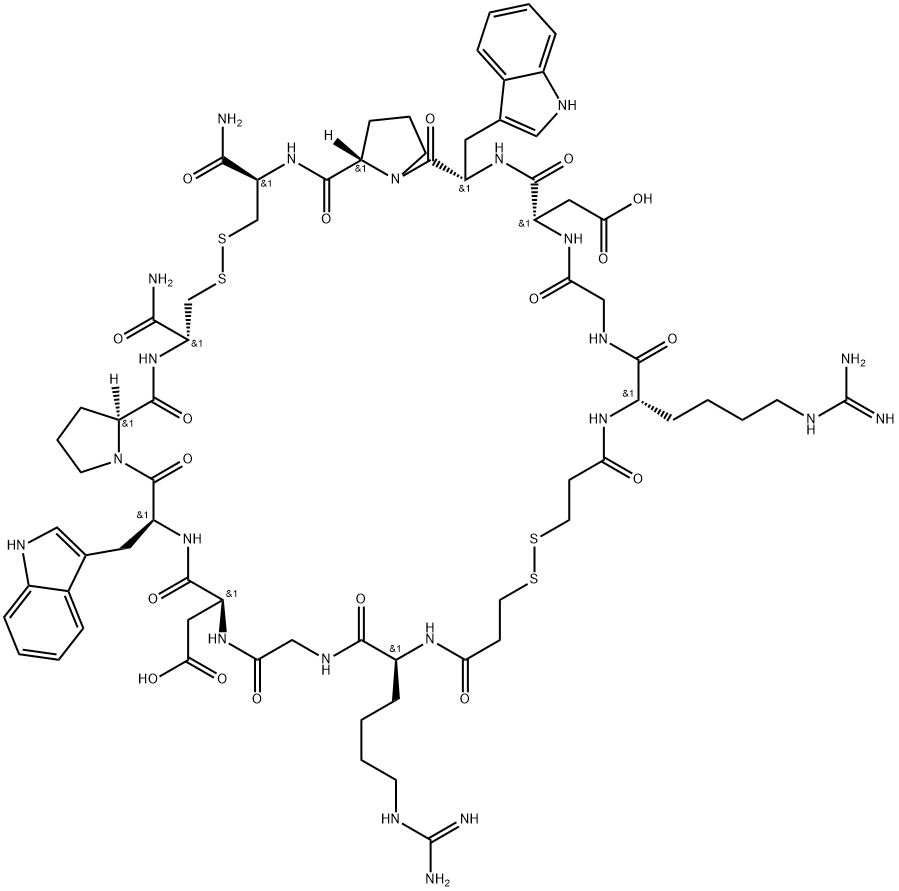 L-Cysteinamide, N6-(aminoiminomethyl)-N2-(3-mercapto-1-oxopropyl)-L-lysylglycyl-L-α-aspartyl-L-tryptophyl-L-prolyl-, bimol. cyclic (1→1'),(6→6')-bis(disulfide) 구조식 이미지