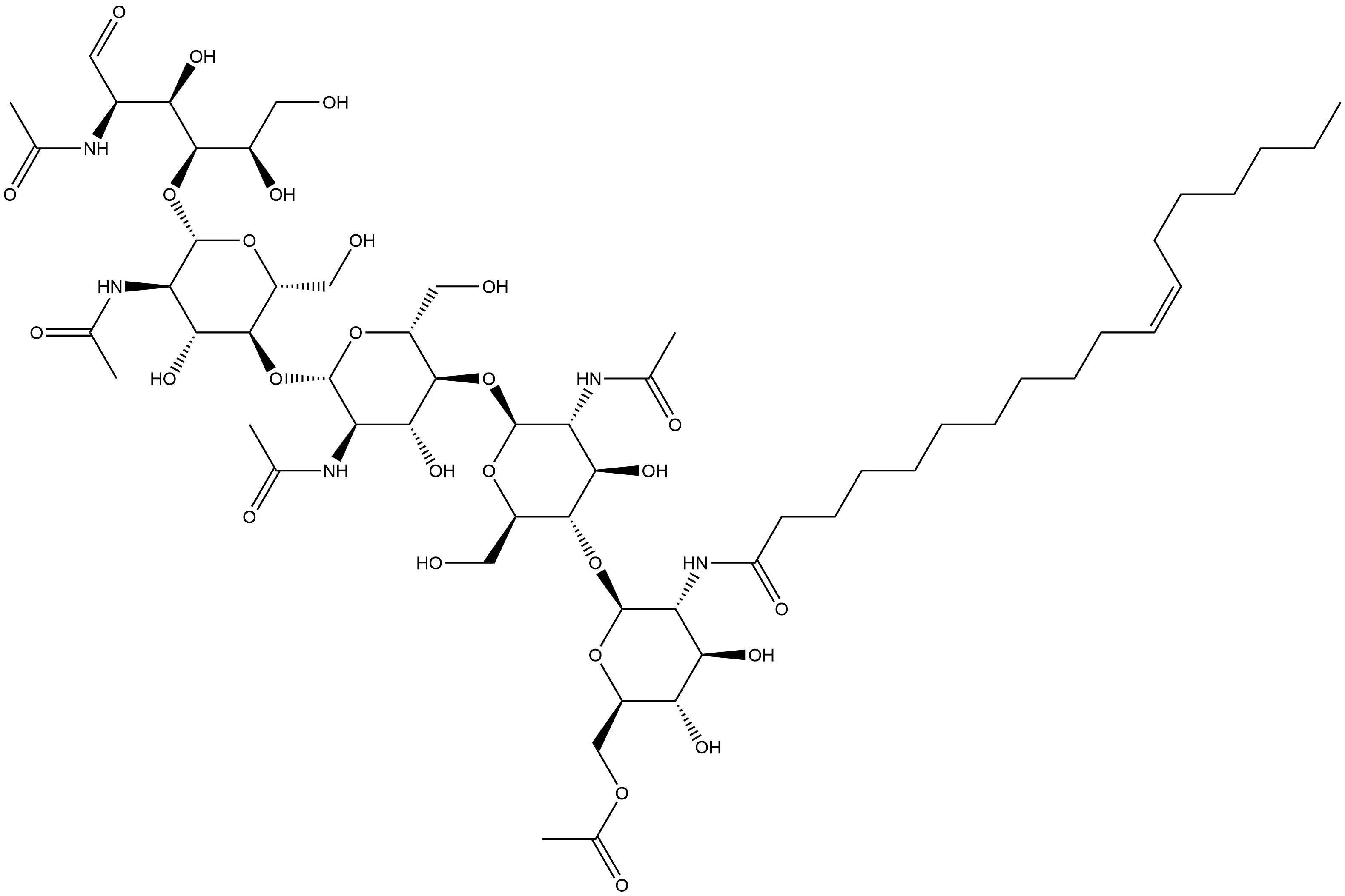 (Z)-O-6-O-acetyl-2-deoxy-2-[(1-oxo-11-octadecenyl)amino]-β-D-glucopyranosyl-(1→4)-O-2-(acetylamino)-2-deoxy-β-D-glucopyranosyl-(1→4)-O-2-(acetylamino)-2-deoxy-β-D-glucopyranosyl-(1→4)-O-2-(acetylamino)-2-deoxy-β-D-glucopyranosyl-(1→4)-2-(acetylamino)-2-deoxy-D-Glucose Structure