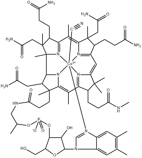 Cobinamide, Co-(cyano-κC)-Ne-methyl-, dihydrogen phosphate (ester), inner salt, 3' ester with (5,6-dimethyl-1-α-D-ribofuranosyl-1H-benzimidazole-κN3) (9CI) Structure