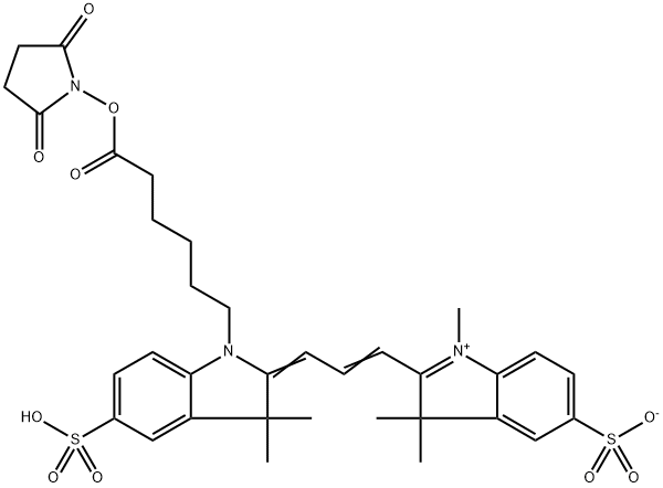 3H-Indolium, 2-[3-[1-[6-[(2,5-dioxo-1-pyrrolidinyl)oxy]-6-oxohexyl]-1,3-dihydro-3,3-dimethyl-5-sulfo-2H-indol-2-ylidene]-1-propen-1-yl]-1,3,3-trimethyl-5-sulfo-, inner salt Structure