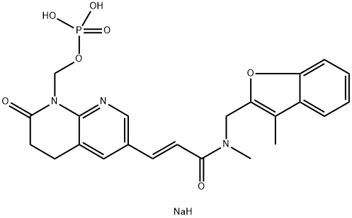 2-Propenamide, N-methyl-N-[(3-methyl-2-benzofuranyl)methyl]-3-[5,6,7,8-tetrahydro-7-oxo-8-[(phosphonooxy)methyl]-1,8-naphthyridin-3-yl]-, sodium salt (1:2), (2E)- 구조식 이미지