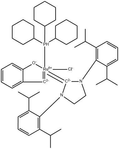 [1,3-Bis(2,6-di-i-propylphenyl)imidazolidin-2-ylidene)(tricyclohexylphosphine)-(2-oxobenzylidene)ruthenium(II) chloride LatMet SIPr Structure
