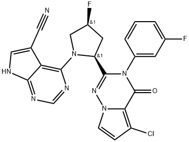 4-[(2S,4S)-2-[5-chloro-3-(3-fluorophenyl)-4-oxo-3H,4H-pyrrolo[2,1-f][1,2,4]triazin-2-yl]-4-fluoropyrrolidin-1-yl]-7H-pyrrolo[2,3-d]pyrimidine-5-carbonitrile Structure