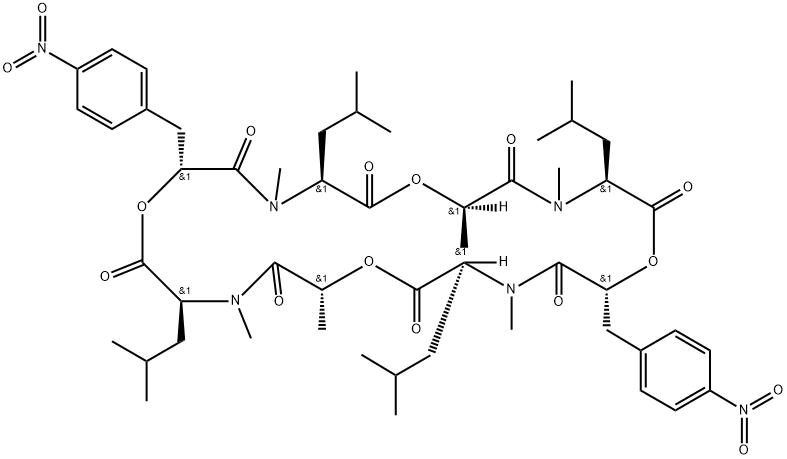 Cyclo[(αR)-α-hydroxy-4-nitrobenzenepropanoyl-N-methyl-L-leucyl-(2R)-2-hydroxypropanoyl-N-methyl-L-leucyl-(αR)-α-hydroxy-4-nitrobenzenepropanoyl-N-methyl-L-leucyl-(2R)-2-hydroxypropanoyl-N-methyl-L-leucyl] Structure