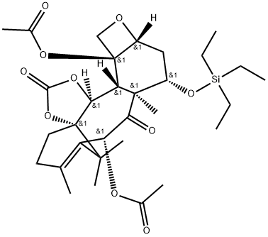 3a,7-Methano-3aH-oxeto[2'',3'':5',6']benzo[1',2':3,4]cyclodeca[1,2-d]-1,3-dioxole-2,9(4H)-dione, 8,13a-bis(acetyloxy)-5,8,9a,10,11,11a,13,13a,13b,13c-decahydro-6,9a,14,14-tetramethyl-10-[(triethylsilyl)oxy]-, [3aS-(3aα,8α,9aα,10α,11aβ,13aβ,13bβ,13cα)]- (9CI) Structure