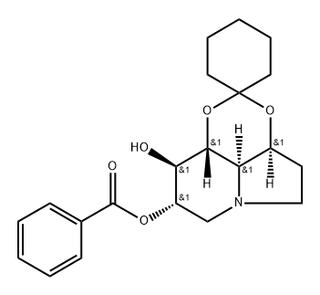 Spirocyclohexane-1,2-1,3dioxino4,5,6-hiindolizine-8,9-diol, octahydro-, 8-benzoate, 3aS-(3a.alpha.,8.alpha.,9.beta.,9a.beta.,9b.alpha.)- 구조식 이미지