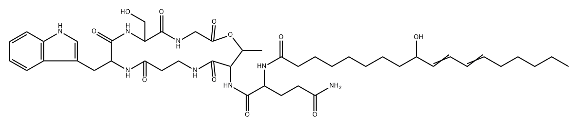 글리신,N-(N-(N-(N-(N-(N2-(9-하이드록시-1-옥소-10,12-옥타데카디에닐)-D-gl타미닐)-L-트레오닐)-베타-알라닐)-D-트립토필)-D-세릴)-,오미크론-락톤 구조식 이미지