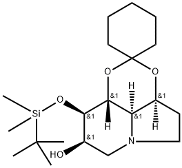 Spirocyclohexane-1,2-1,3dioxino4,5,6-hiindolizin-8-ol, 9-(1,1-dimethylethyl)dimethylsilyloxyoctahydro-, 3aS-(3a.alpha.,8.beta.,9.beta.,9a.beta.,9b.alpha.)- 구조식 이미지