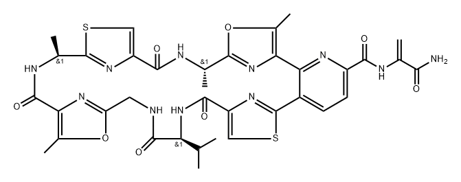 Alaninamide, L-valyl-2-(aminomethyl)-5-methyl-4-oxazolecarbonyl-2-[(1S)-1-aminoethyl]-4-thiazolecarbonyl-6-[2-[(1S)-1-aminoethyl]-5-methyl-4-oxazolyl]-5-(4-carboxy-2-thiazolyl)-2-pyridinecarbonyl-2,3-didehydro-, (4→1)-lactam 구조식 이미지