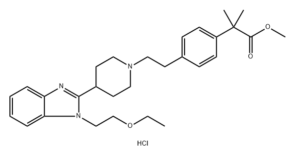 Benzeneacetic acid, 4-[2-[4-[1-(2-ethoxyethyl)-1H-benzimidazol-2-yl]-1-piperidinyl]ethyl]-α,α-dimethyl-, methyl ester, hydrochloride (1:1) Structure