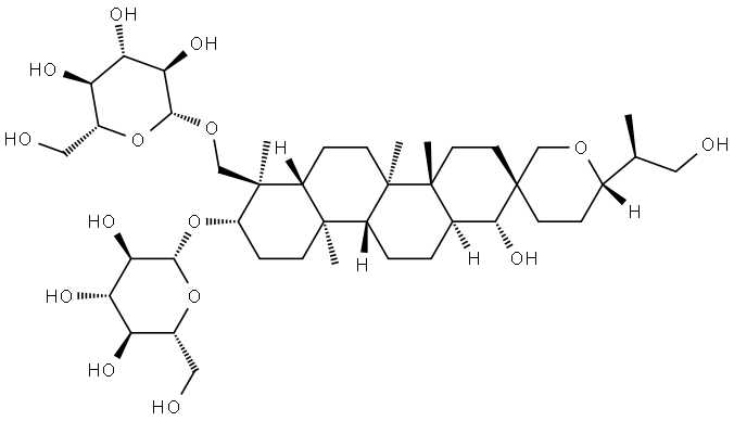 β-D-Glucopyranoside, (1R,2S,4aR,4bR,6'S,6aR,7R,8S,10aR,10bR,12aS)-7-[(β-D-glucopyranosyloxy)methyl]octadecahydro-1-hydroxy-6'-[(1S)-2-hydroxy-1-methylethyl]-4a,4b,7,10a-tetramethylspiro[chrysene-2(1H),3'(4'H)-[2H]pyran]-8-yl 구조식 이미지