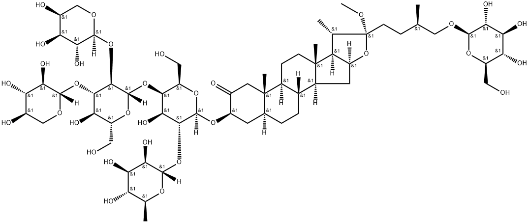 3-hydroxy-22-methoxy-26-O-glucopyranosyloxy-furost-25(27)-en-2-one-3-O-(O-rhamnopyranosyl-(1-2)-O-(O-arabinopyranosyl-(1-2)-O-(xylopyranosyl-(1-3))-glucopyranosyl-(1-4))galactopyranoside) Structure