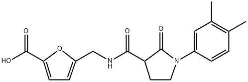 5-((1-(3,4-dimethylphenyl)-2-oxopyrrolidin-3-carboxamido)methyl)furo-2-carboxylic? acid Structure