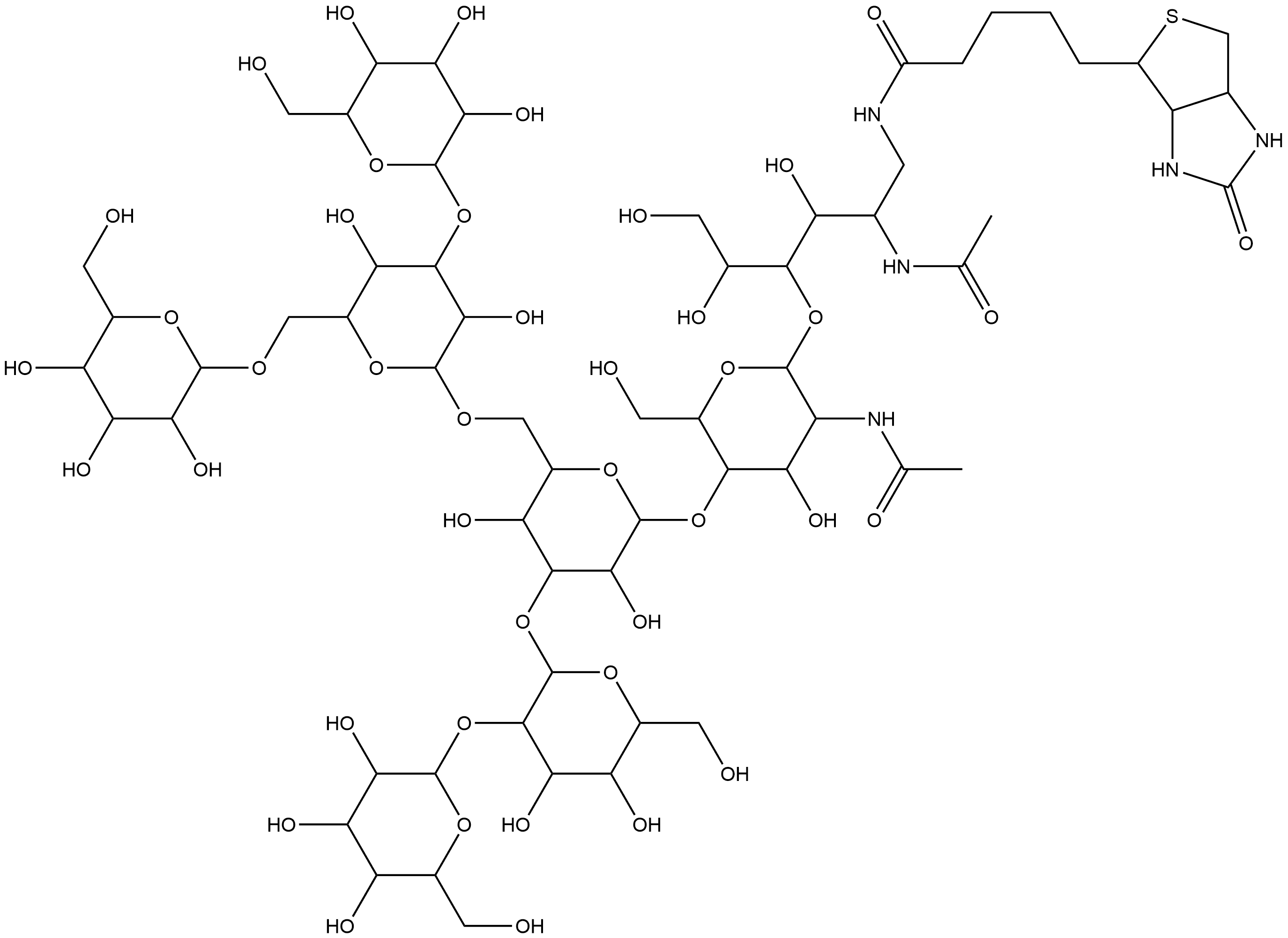 3aS-(3aα,4β,6aα)]-O-α-D-mannopyranosyl-(1→3)-O-[α-D-mannopyranosyl-(1→6)]-O-α-D-mannopyranosyl-(1→6)-O-[O-α-D-mannopyranosyl-(1→2)-α-D-mannopyranosyl-(1→3)]-O-β-D-mannopyranosyl-(1→4)-O-2-(acetylamino)-2-deoxy-β-D-glucopyranosyl-(1→4)-2-(acetylamino)-1,2-dideoxy-1-[[5-(hexahydro-2-oxo-1H-thieno[3,4-d]imidazol-4-yl)-1-oxopentyl]amino]-D-Glucitol Structure