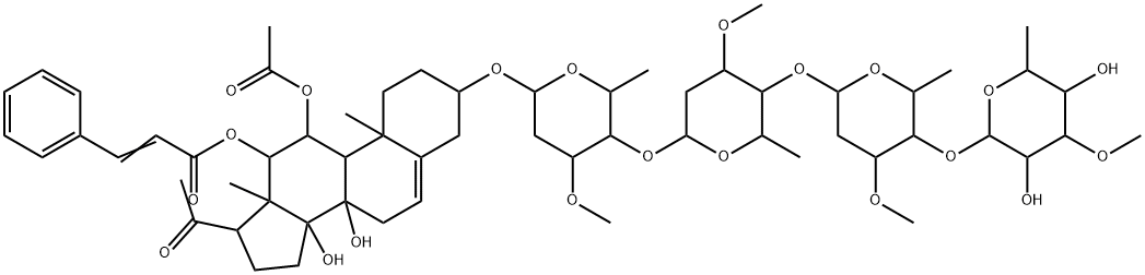 Pregn-5-en-20-one, 11-(acetyloxy)-3-[(O-6-deoxy-3-O-methyl-β-D-allopyranosyl-(1→4)-O-2,6-dideoxy-3-O-methyl-β-D-arabino-hexopyranosyl-(1→4)-O-2,6-dideoxy-3-O-methyl-β-D-ribo-hexopyranosyl-(1→4)-2,6-dideoxy-3-O-methyl-β-D-ribo-hexopyranosyl)oxy]-8,14-dihydroxy-12-[(1-oxo-3-phenyl-2-propenyl)oxy]-, [3β,11α,12β(E),14β]- Structure