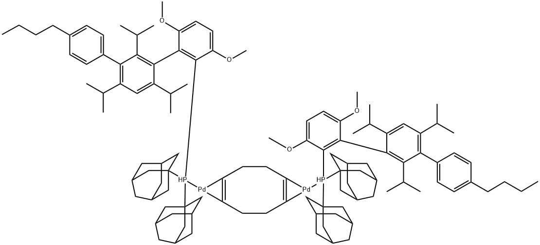 Palladium, bis[[4''-butyl-3,6-dimethoxy-2',4',6'-tris(1-methylethyl)[1,1':3',1''-terphenyl]-2-yl]bis(tricyclo[3.3.1.13,7]dec-1-yl)phosphine-κP][μ-[(1,2-η:5,6-η)-1,5-cyclooctadiene]]di- Structure