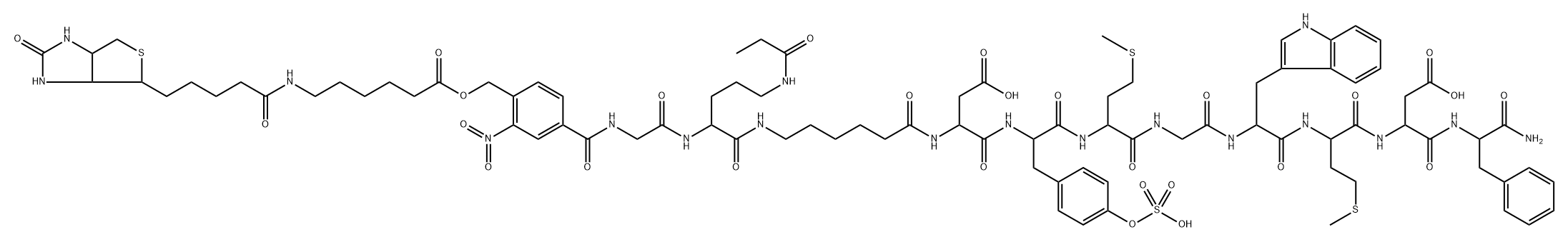 4-(biotin-epsilon-(aminohexanoyl)oxymethyl)-3-nitrobenzoyl-glycyl-(propionyl)ornithinyl-epsilon-aminohexanoyl-cholecystokinin Structure
