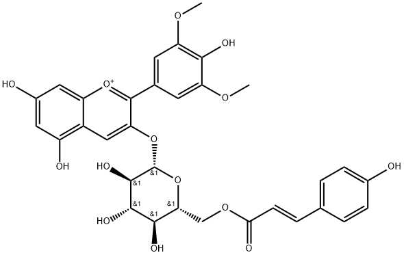 1-Benzopyrylium, 5,7-dihydroxy-2-(4-hydroxy-3,5-dimethoxyphenyl)-3-[[6-O-[(2E)-3-(4-hydroxyphenyl)-1-oxo-2-propen-1-yl]-β-D-glucopyranosyl]oxy]- Structure