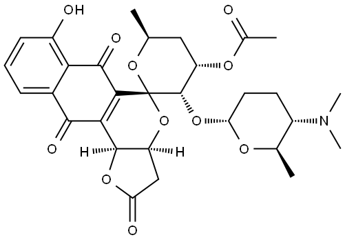 Spiro[5H-furo[3,2-b]naphtho[2,3-d]pyran-5,2'-[2H]pyran]-2,6,11(3H)-trione, 4'-(acetyloxy)-3'-[[5-(dimethylamino)tetrahydro-6-methyl-2H-pyran-2-yl]oxy]-3',3a,4',5',6',11b-hexahydro-7-hydroxy-6'-methyl-, [2'R-[2'α(3aR*,11bR*),3'α(2R*,5S*,6R*),4'α,6'β]]- (9CI) Structure