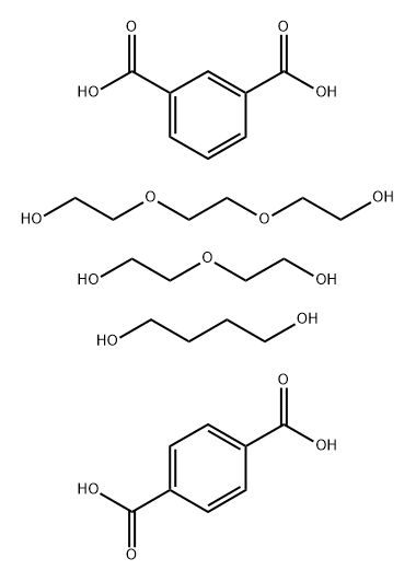 1,4-벤젠다이카복실산과 결합한 1,3-벤젠다이카복실산  중합체, 1,4-뷰테인다이올,  2,2-[1,2-에테인다이일비스(옥시)]비스 [에탄올]과  2,2'-옥시비스[에탄올] 구조식 이미지
