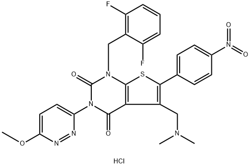 1-(2,6-difluorobenzyl)-5-[(dimethylamino)methyl]-3-(6-methoxy-3-pyridazinyl)-6-(4-nitrophenyl)-thieno[2,3-d]pyrimidine-2,4(1H,3H)-dione,hydrochloride (1:1) 구조식 이미지