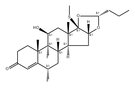 Androst-4-en-3-one, 16,17-[(1R)-butylidenebis(oxy)]-6,9-difluoro-11-hydroxy-17-(methylthio)-, (6α,11β,16α,17β)- Structure