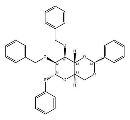 α-D-Mannopyranoside, phenyl 2,3-bis-O-(phenylmethyl)-4,6-O-[(R)-phenylmethylene]-1-thio- 구조식 이미지