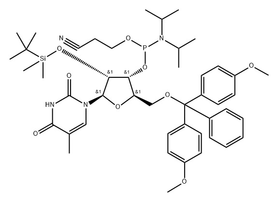 Uridine, 5'-O-[bis(4-methoxyphenyl)phenylmethyl]-2'-O-[(1,1-dimethylethyl)dimethylsilyl]-5-methyl-, 3'-[2-cyanoethyl N,N-bis(1-methylethyl)phosphoramidite] 구조식 이미지