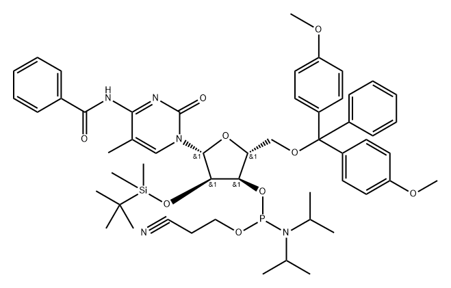 Cytidine, N-benzoyl-5'-O-[bis(4-methoxyphenyl)phenylmethyl]-2'-O-[(1,1-dimethylethyl)dimethylsilyl]-5-methyl-, 3'-[2-cyanoethyl bis(1-methylethyl)phosphoramidite] (9CI) Structure