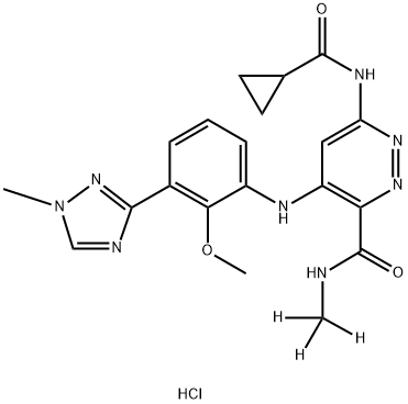 3-Pyridazinecarboxamide, 6-[(cyclopropylcarbonyl)amino]-4-[[2-methoxy-3-(1-methyl-1H-1,2,4-triazol-3-yl)phenyl]amino]-N-(methyl-d3)-, hydrochloride (1:1) Structure