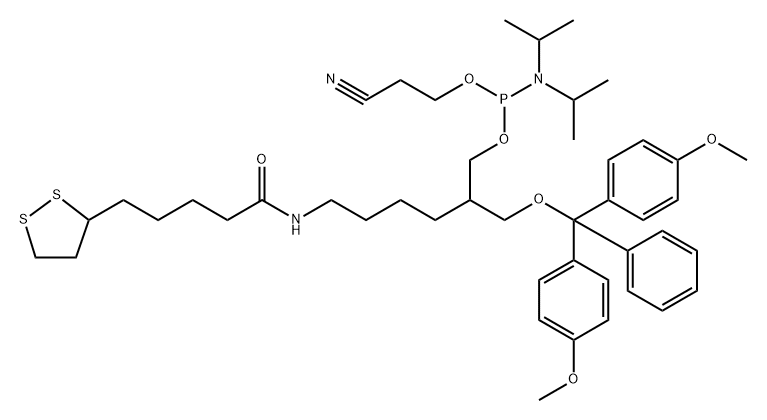 6-(5-(1,2-dithiolan-3-yl)pentanamido)-2-((bis(4-methoxyphenyl)(phenyl)methoxy)methyl)hexyl (2-cyanoethyl) diisopropylphosphoramidite Structure