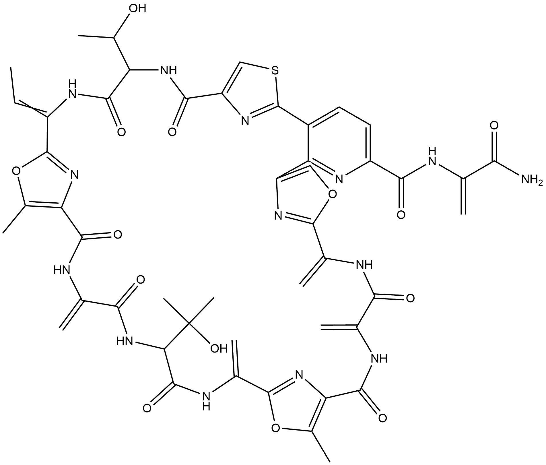19H-8,5:18,15:31,28:41,38-Tetranitrilo-5H,15H,38H-pyrido[3,2-z][1,14,30,24,4,7,10,17,20,33,36]trioxathiaheptaazacyclononatriacontine-2-carboxamide, N-[1-(aminocarbonyl)ethenyl]-14-ethylidene-9,10,11,12,13,14,20,21,22,23,24,25,26,27,32,33,34,35,36,37-eicosahydro-11-(1-hydroxyethyl)-24-(1-hydroxy-1-methylethyl)-17,30-dimethyl-21,27,34,37-tetrakis(methylene)-9,12,19,22,25,32,35-heptaoxo- Structure