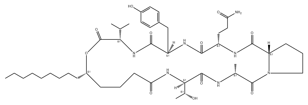 Cyclo[D-alanyl-L-prolyl-L-glutaminyl-D-tyrosyl-L-valyl-(5S)-5-hydroxytetradecanoyl-D-allothreonyl] Structure