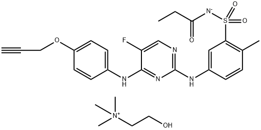 Ethanaminium, 2-hydroxy-N,N,N-trimethyl-, salt with N-[[5-[[5-fluoro-4-[[4-(2-propyn-1-yloxy)phenyl]amino]-2-pyrimidinyl]amino]-2-methylphenyl]sulfonyl]propanamide (1:1) Structure