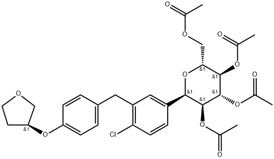(2R,3R,4R,5S,6R)-2-(acetoxymethyl)-6-(4-chloro-3-(4-(((S)-tetrahydrofuran-3-yl)oxy)benzyl)phenyl)tetrahydro-2H-pyran-3,4,5-triyl triacetate 구조식 이미지