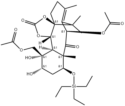 4H-3a,7-Methanobenzo[3,4]cyclodeca[1,2-d]-1,3-dioxole-2,9(9aH)-dione, 8-(acetyloxy)-13-[(acetyloxy)methyl]-5,8,10,11,12,13,13a,13b-octahydro-12,13-dihydroxy-6,9a,14,14-tetramethyl-10-[(triethylsilyl)oxy]-, [3aS-(3aα,8α,9aα,10α,12β,13β,13aβ,13bα)]- (9CI) Structure