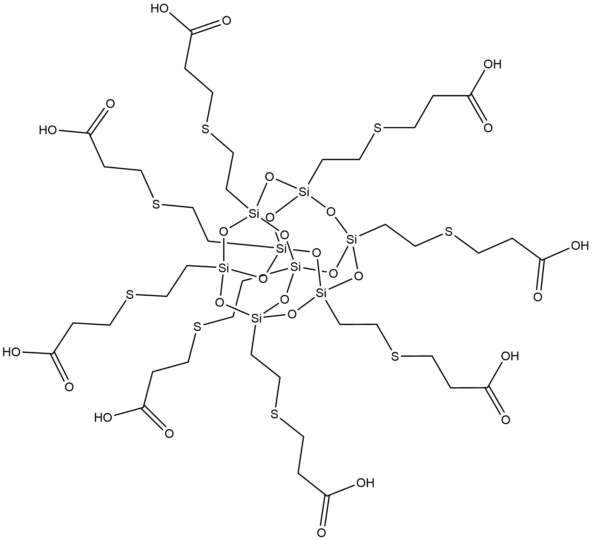 Propanoic acid, 3,3',3'',3''',3'''',3''''',3'''''',3'''''''-[pentacyclo[9.5.1.13,9.15,15.17,13]octasiloxane-1,3,5,7,9,11,13,15-octayloctakis(2,1-ethanediylthio)]octakis- Structure