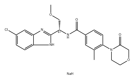 N-((R)-1-(5-Chloro-1H-benzoimidazol-2-yl)-2-methoxy-ethyl)-3-methyl-4-(3-oxo-morpholin-4-yl)-benzamide Sodium Salt Structure