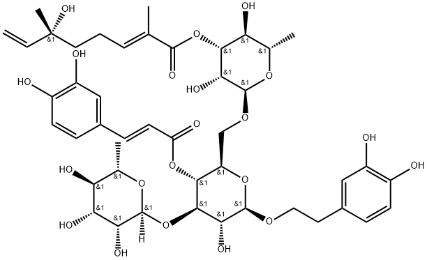 β-D-Glucopyranoside, 2-(3,4-dihydroxyphenyl)ethyl O-6-deoxy-3-O-[(2E,6R)-6-hydroxy-2,6-dimethyl-1-oxo-2,7-octadien-1-yl]-α-L-mannopyranosyl-(1→6)-O-[6-deoxy-α-L-mannopyranosyl-(1→3)]-, 4-[(2E)-3-(3,4-dihydroxyphenyl)-2-propenoate] 구조식 이미지