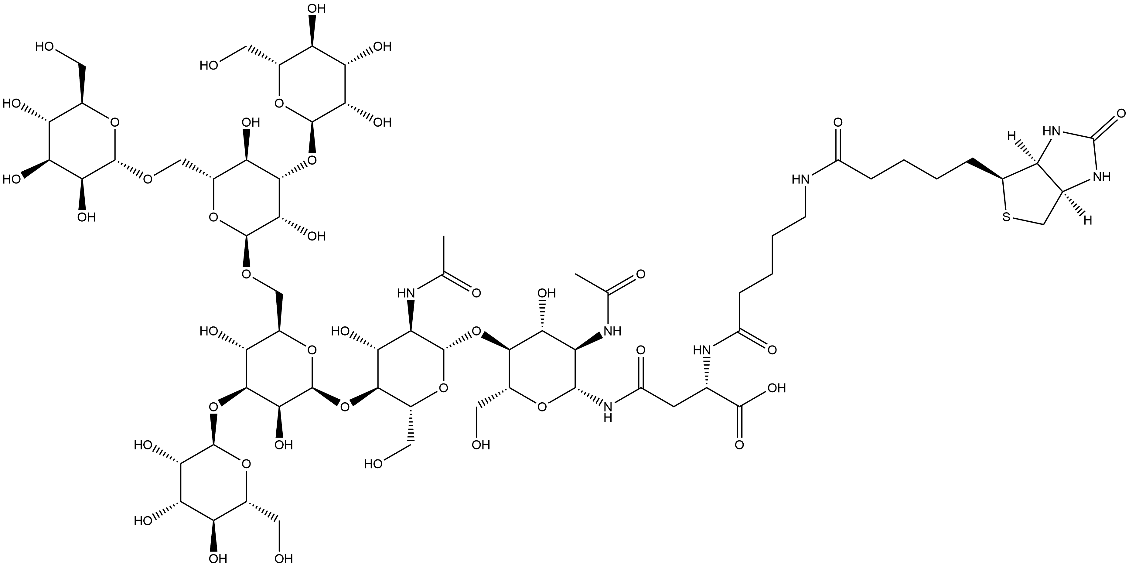 3aS-(3aα,4β,6aα)]-N2-[5-[[5-(hexahydro-2-oxo-1H-thieno[3,4-d]imidazol-4-yl)-1-oxopentyl]amino]-1-oxopentyl]-N-[O-α-D-mannopyranosyl-(1→3)-O-[O-α-D-mannopyranosyl-(1→3)-O-[α-D-mannopyranosyl-(1→6)]-α-D-mannopyranosyl-(1→6)]-O-β-D-mannopyranosyl-(1→4)-O-2-(acetylamino)-2-deoxy-β-D-glucopyranosyl-(1→4)-2-(acetylamino)-2-deoxy-β-D-glucopyranosyl]-L-Asparagine Structure