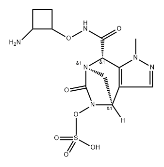 (4R,7R,8S)-N-[(2-Aminocyclobutyl)oxy]-4,5,6,8- tetrahydro-1-methyl-6-oxo-5-(sulfooxy)-1H-4, 7-methanopyrazolo[3,4-e][1,3]diazepine-8- carboxamide Structure