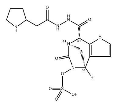 (4R,7R,8S)-4,5,6,8-Tetrahydro-6-oxo-5- (sulfooxy)-4,7-methano-7H-furo[2,3-e][1,3] diazepine-8-carboxylic acid 8-[2-[2-(2-pyrrol idinyl)acetyl]hydrazide] Structure